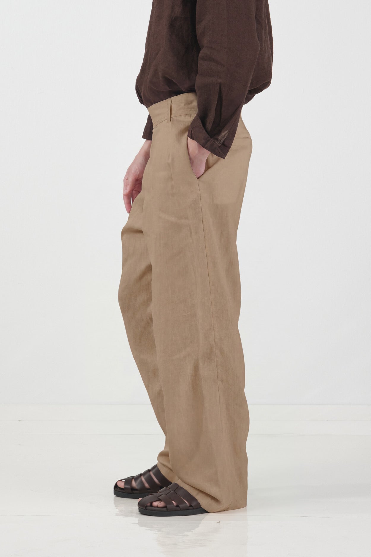 DRAPED DOUBLE-BUTTON TAN LINEN TROUSERS