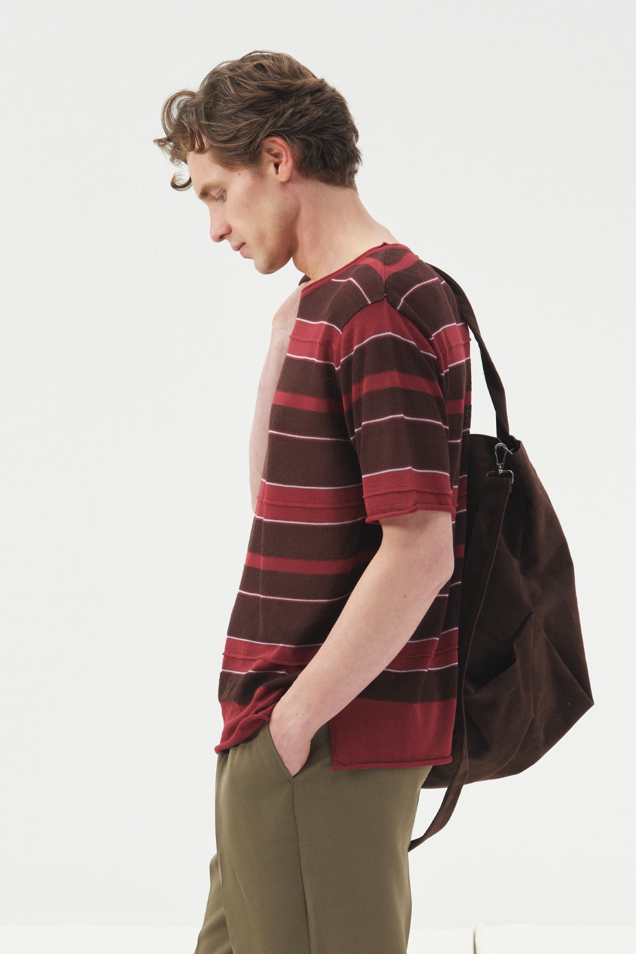 ÇİZGİLİ DÖKÜMLÜ BORDO KETEN TRİKO T-SHIRT