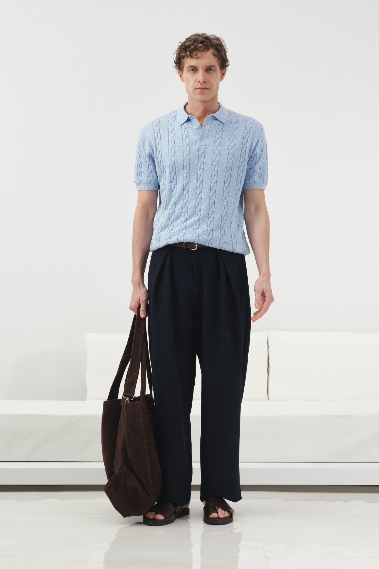 DOKULU ÖRGÜ DESENLİ MAVİ POLO YAKA TRİKO T-SHIRT