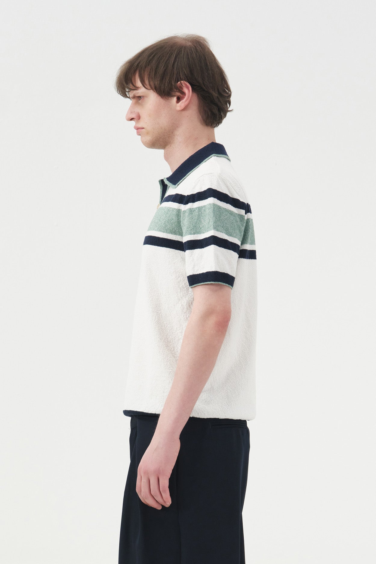 GREEN STRIPED POLO NECK KNITTED T-SHIRT WITH GOLD BUTTONS