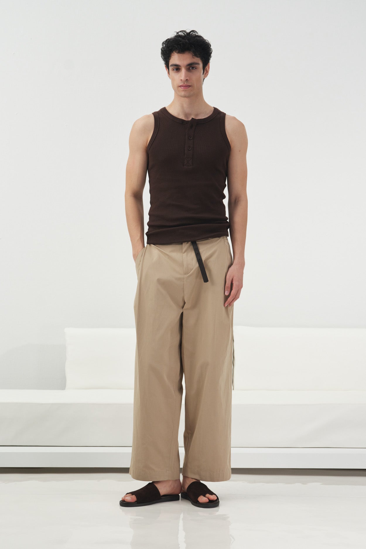 PLEATED CLASSIC-FIT BEIGE TROUSERS
