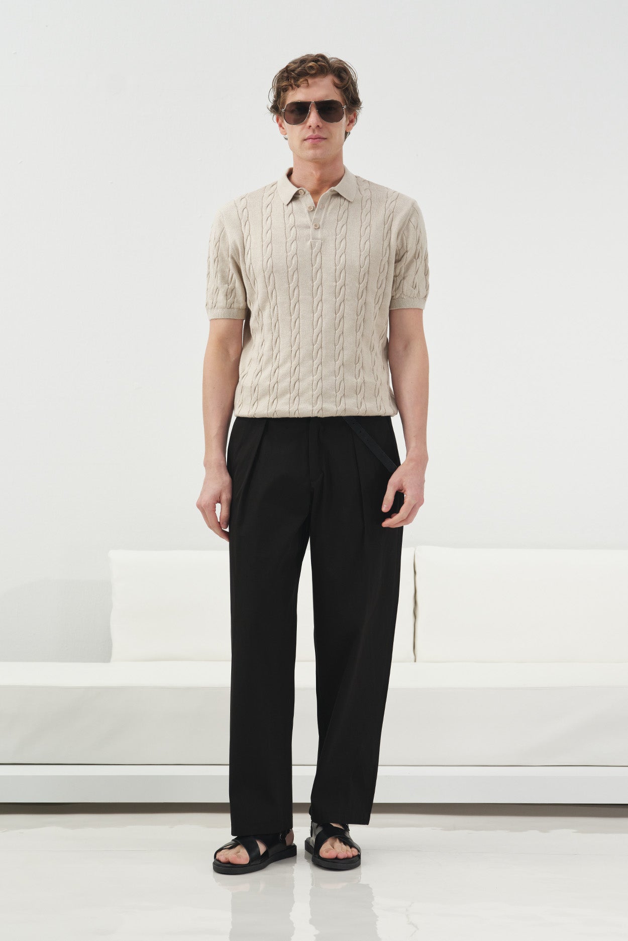 DOKULU ÖRGÜ DESENLİ BEJ POLO YAKA TRİKO T-SHIRT