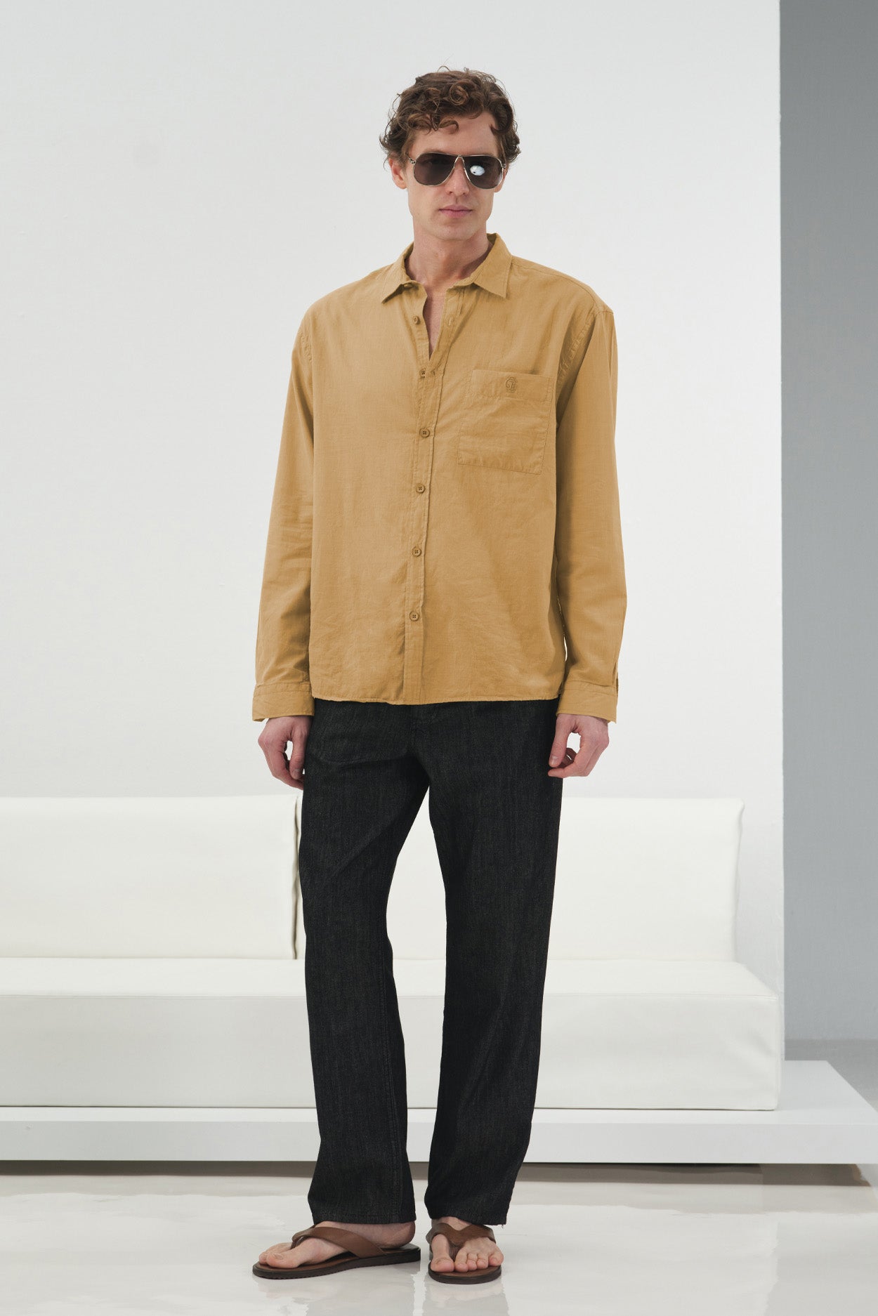 DRAPED REGULAR FIT TAN VOILE SHIRT