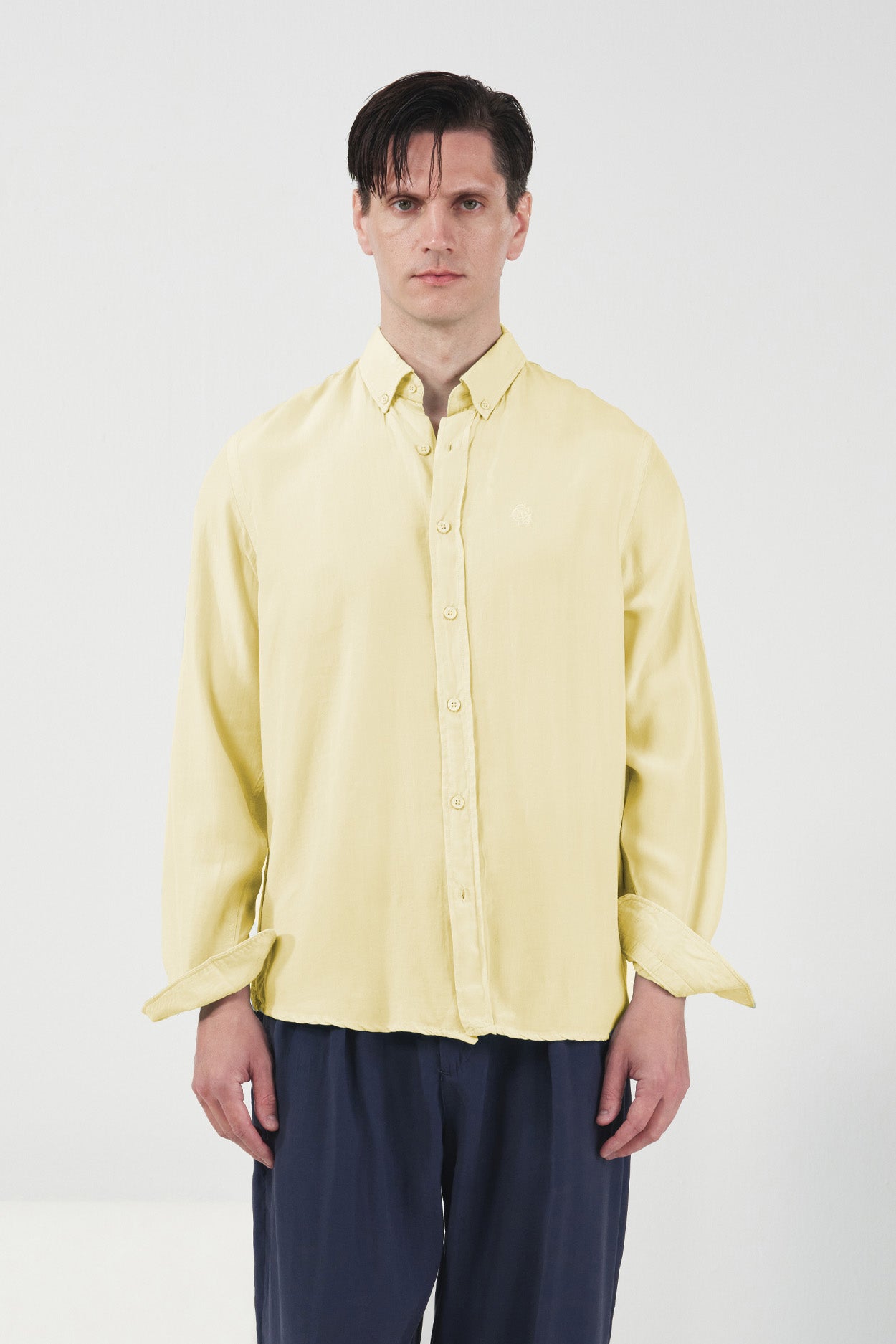 DRAPED REGULAR FIT YELLOW TENCEL SHIRT