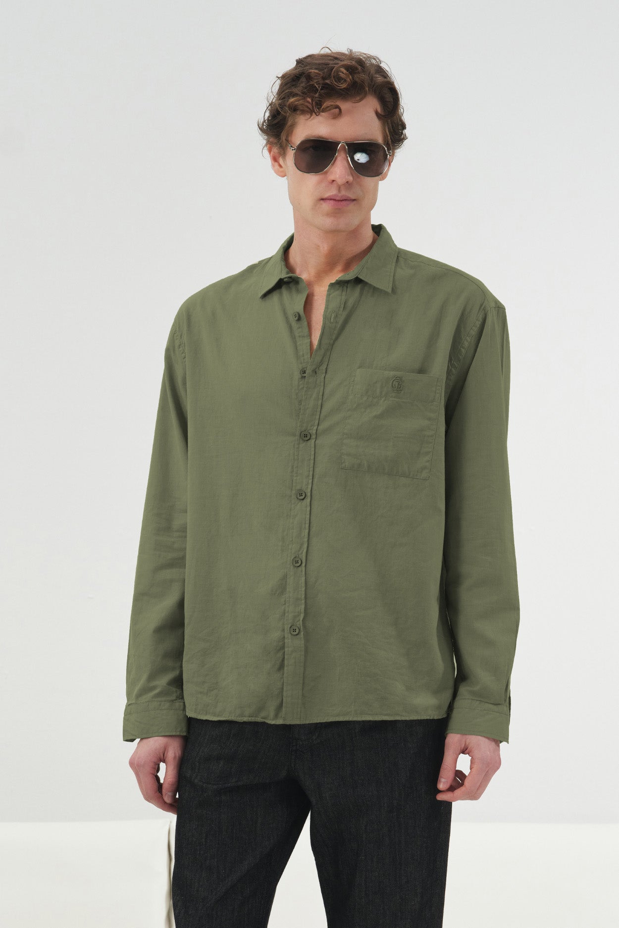DRAPED REGULAR FIT KHAKI VOILE SHIRT