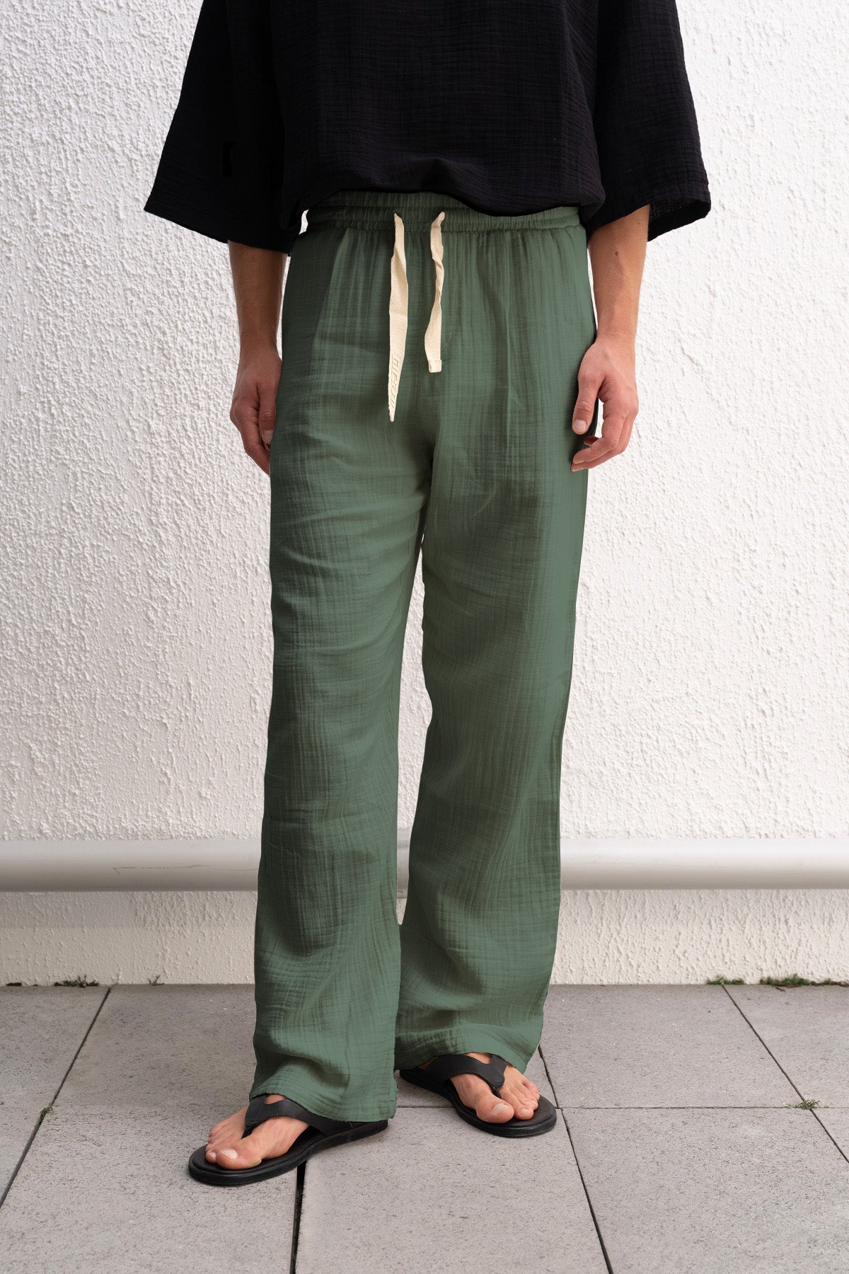 DRAPED LACE-UP KHAKI PANTS
