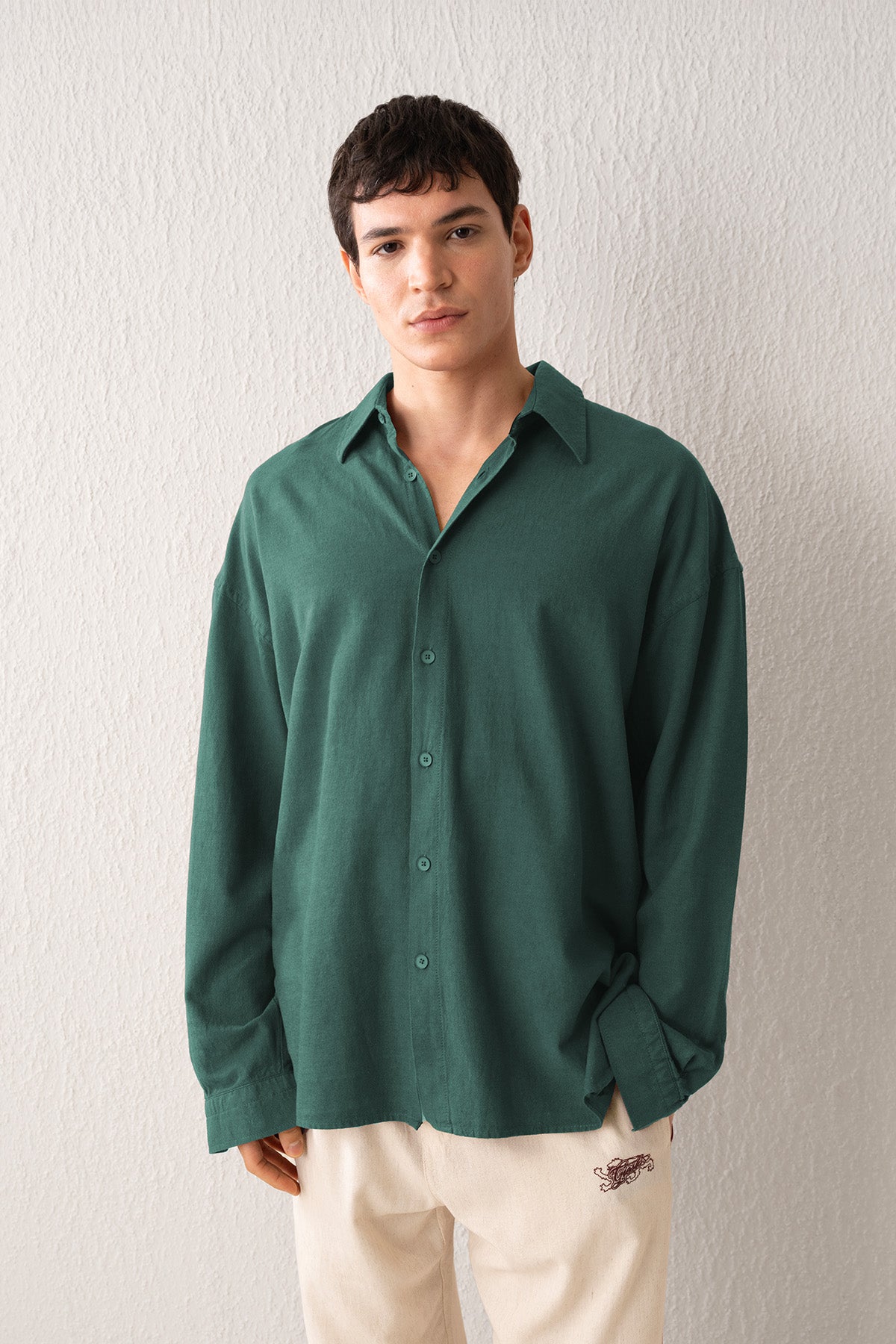 DÖKÜMLÜ KETEN YEŞİL GÖMLEK