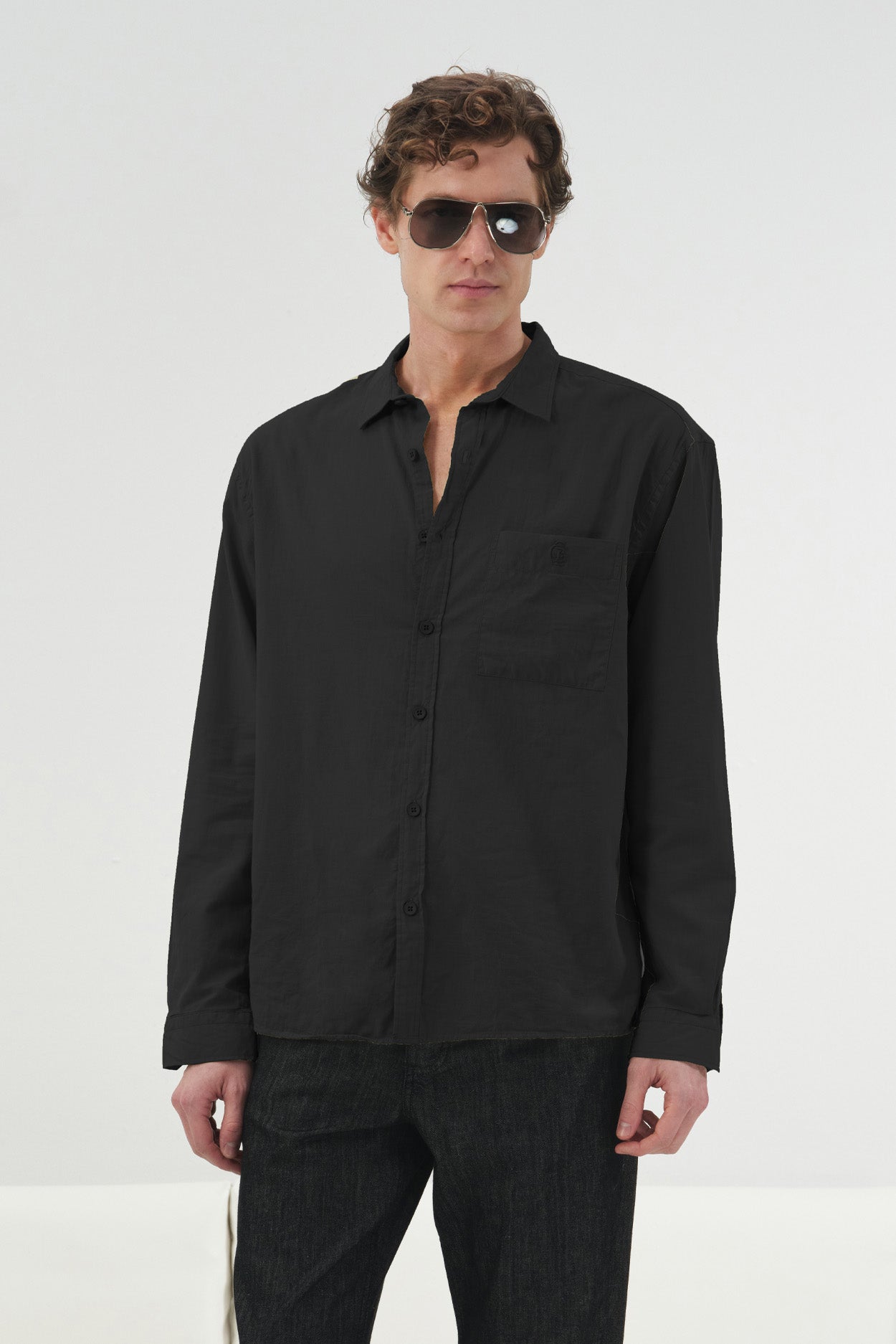 DRAPED REGULAR FIT BLACK VOILE SHIRT