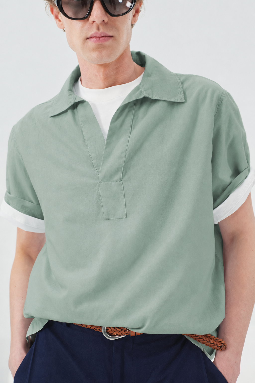 HALF PLACKET GREEN VOILE SHIRT