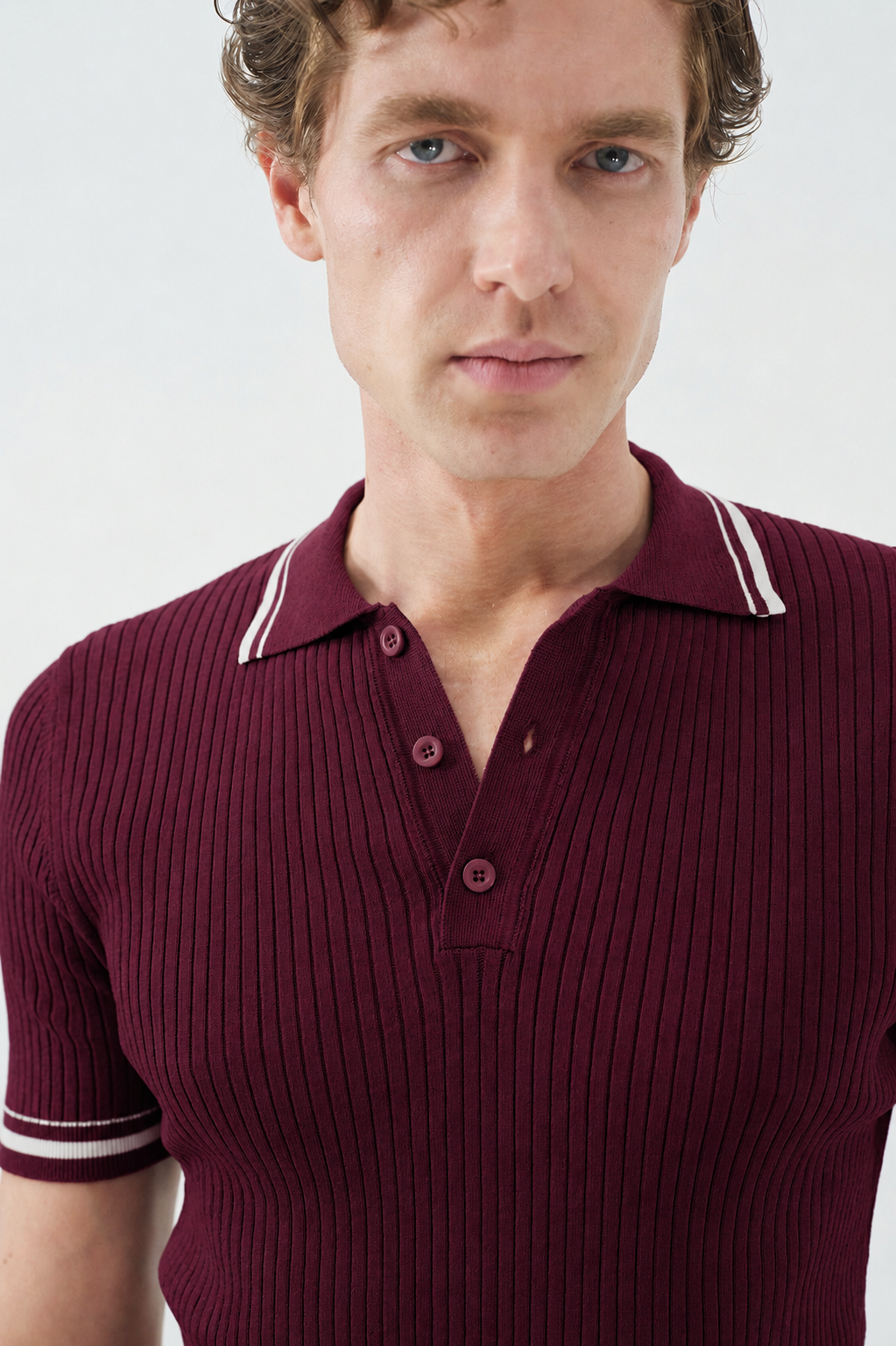 ÇİZGİ DETAYLI POLO YAKA BORDO TRİKO T-SHIRT
