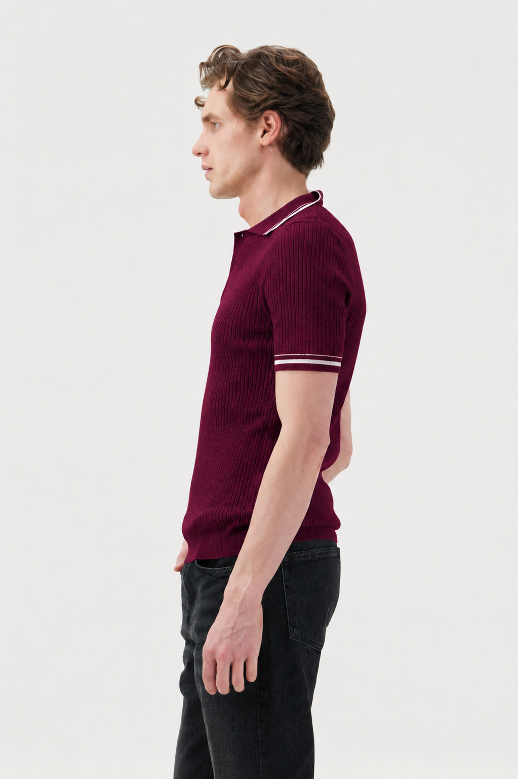 ÇİZGİ DETAYLI POLO YAKA BORDO TRİKO T-SHIRT
