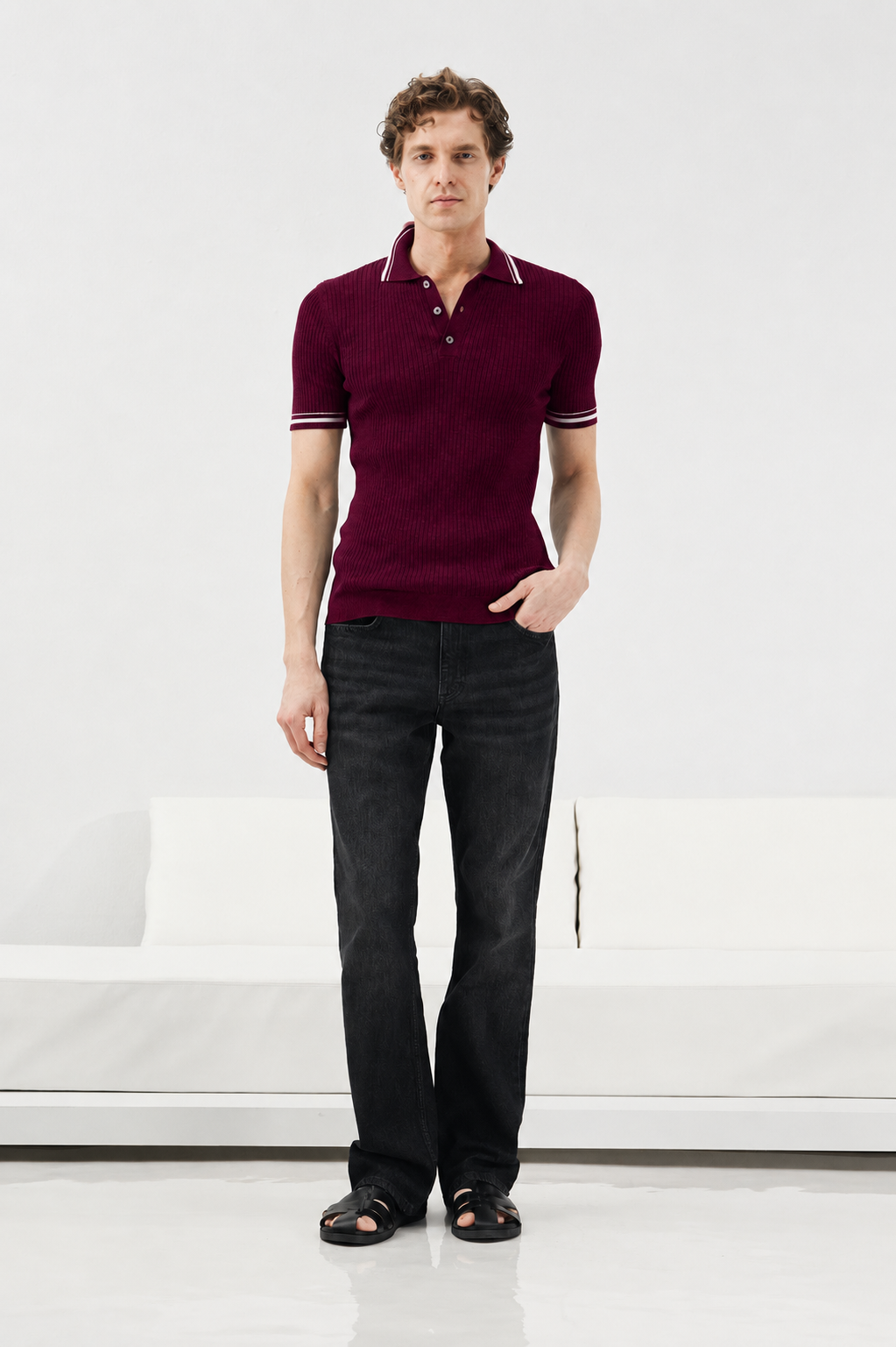 ÇİZGİ DETAYLI POLO YAKA BORDO TRİKO T-SHIRT