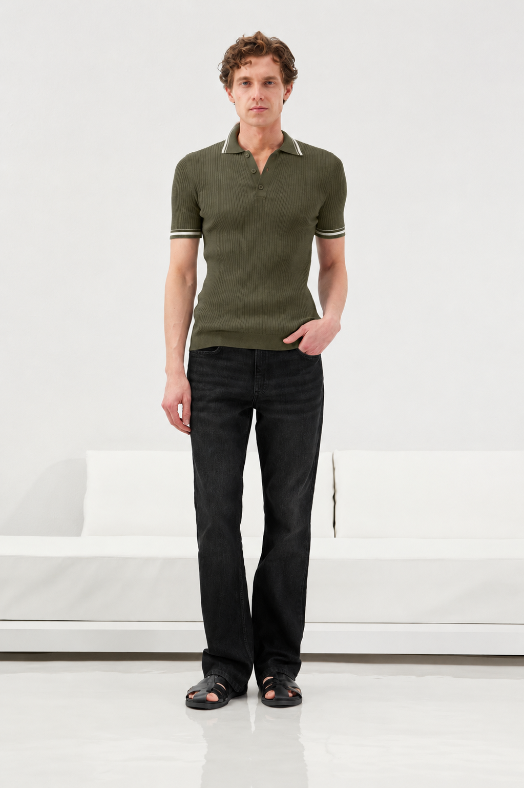 ÇİZGİ DETAYLI POLO YAKA HAKİ TRİKO T-SHIRT