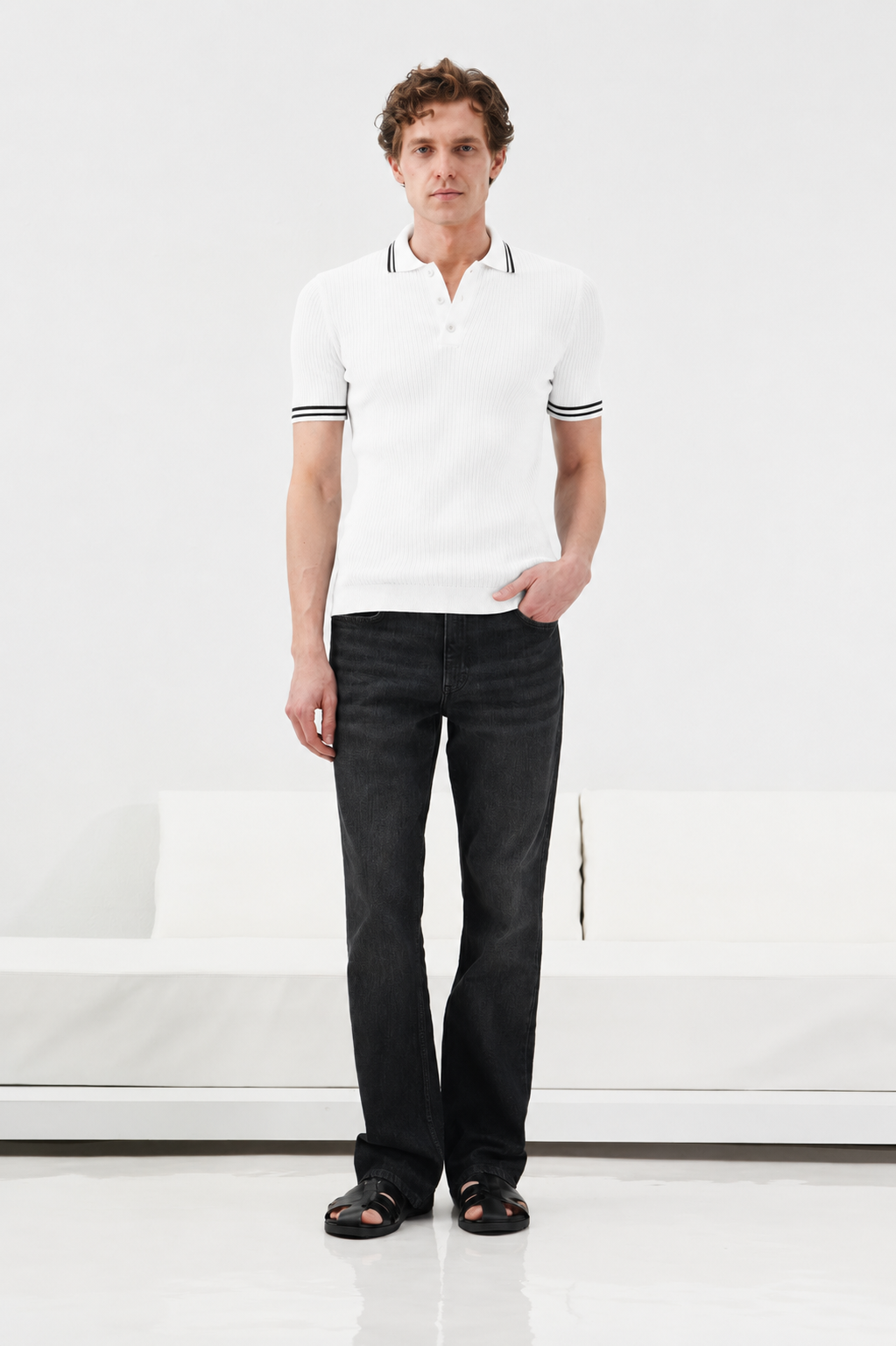 ÇİZGİ DETAYLI POLO YAKA BEYAZ TRİKO T-SHIRT