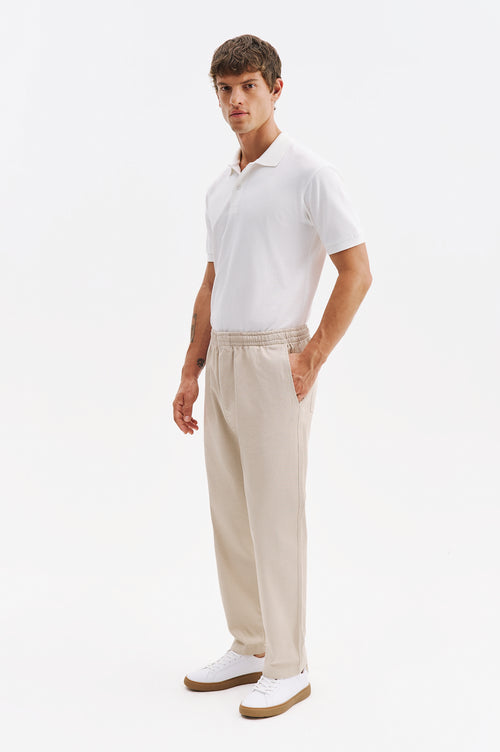 ELASTICATED WAIST GABARDINE BEIGE TROUSERS