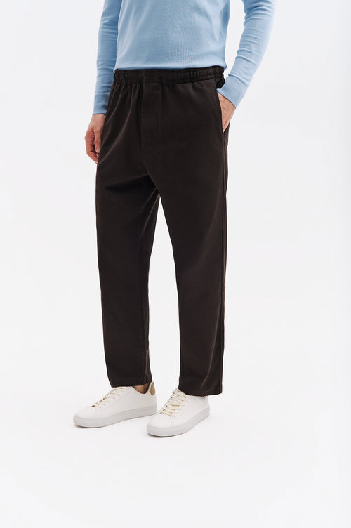ELASTICATED WAIST GABARDINE BROWN TROUSERS