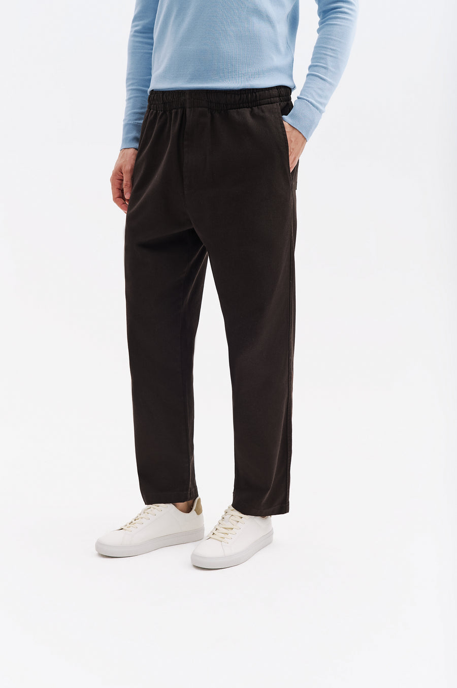 ELASTICATED WAIST GABARDINE BROWN TROUSERS