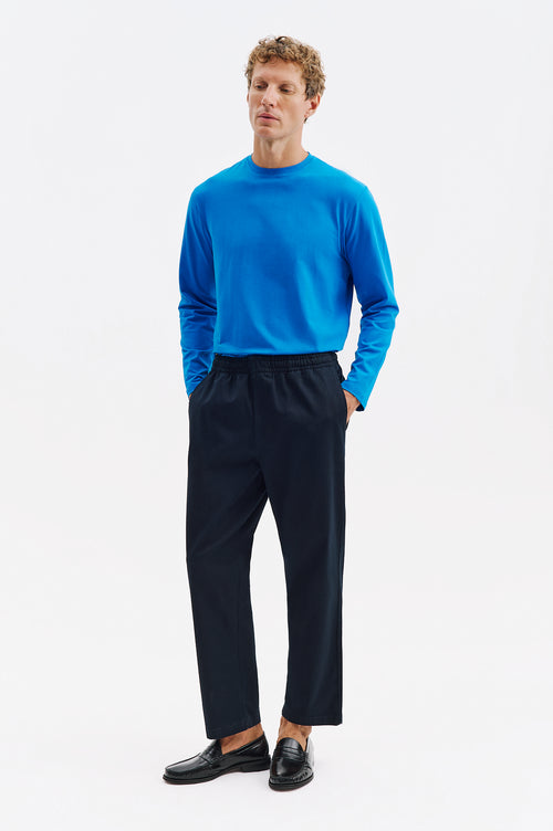 ELASTIC WAIST GABARDINE NAVY TROUSERS