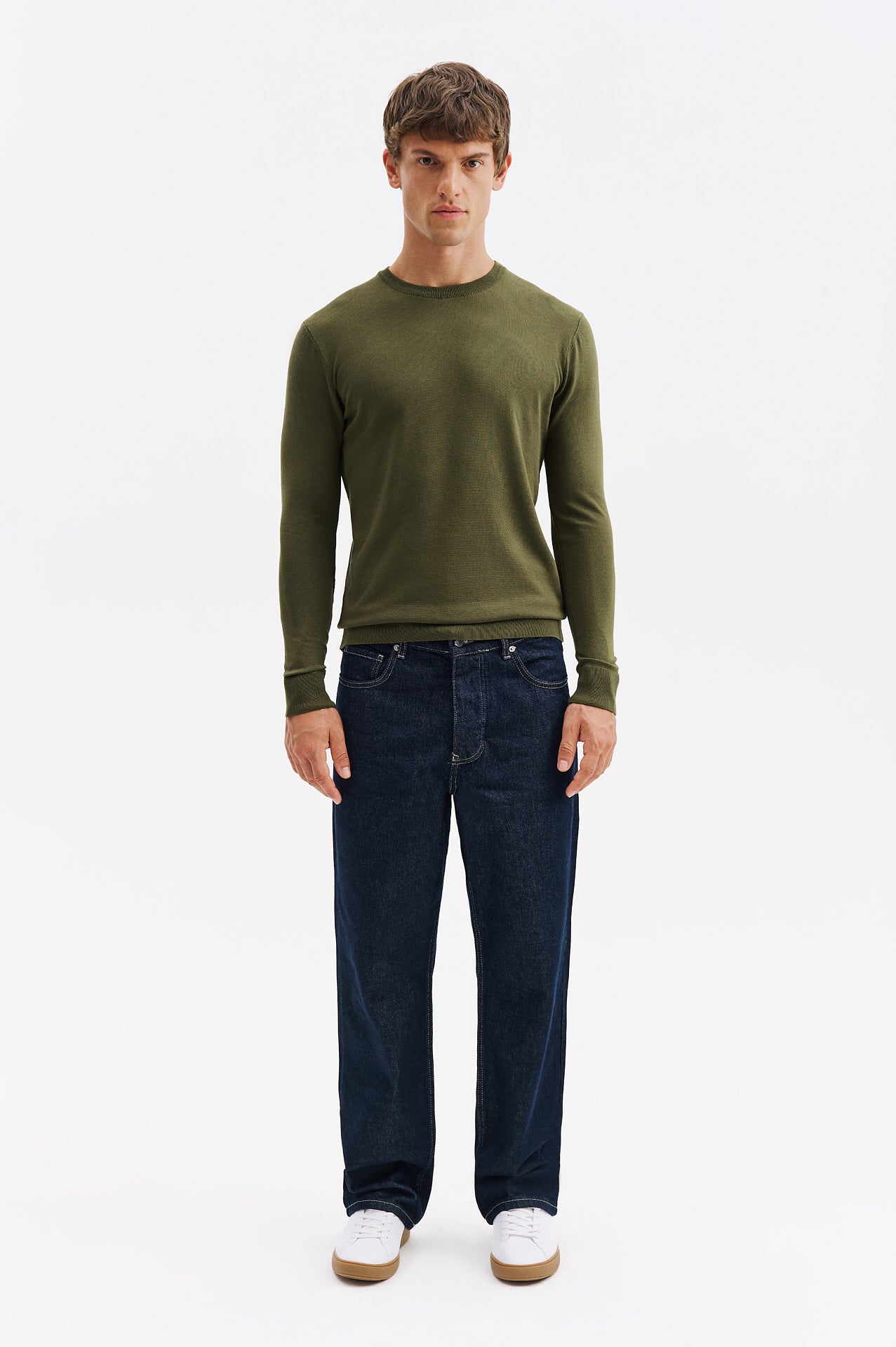 LONG SLEEVE CREW NECK KHAKI KNITTED T-SHIRT
