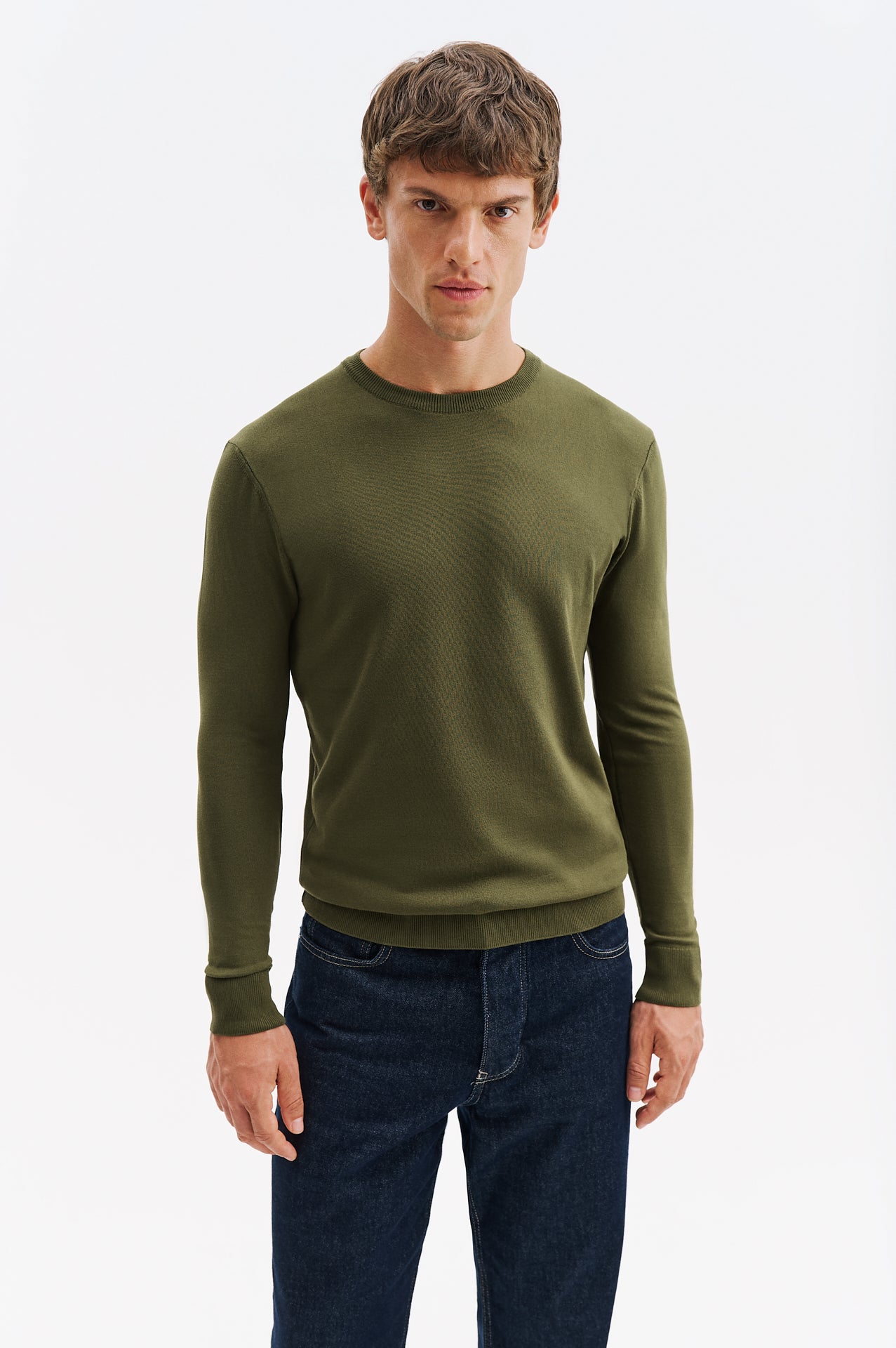 LONG SLEEVE CREW NECK KHAKI KNITTED T-SHIRT