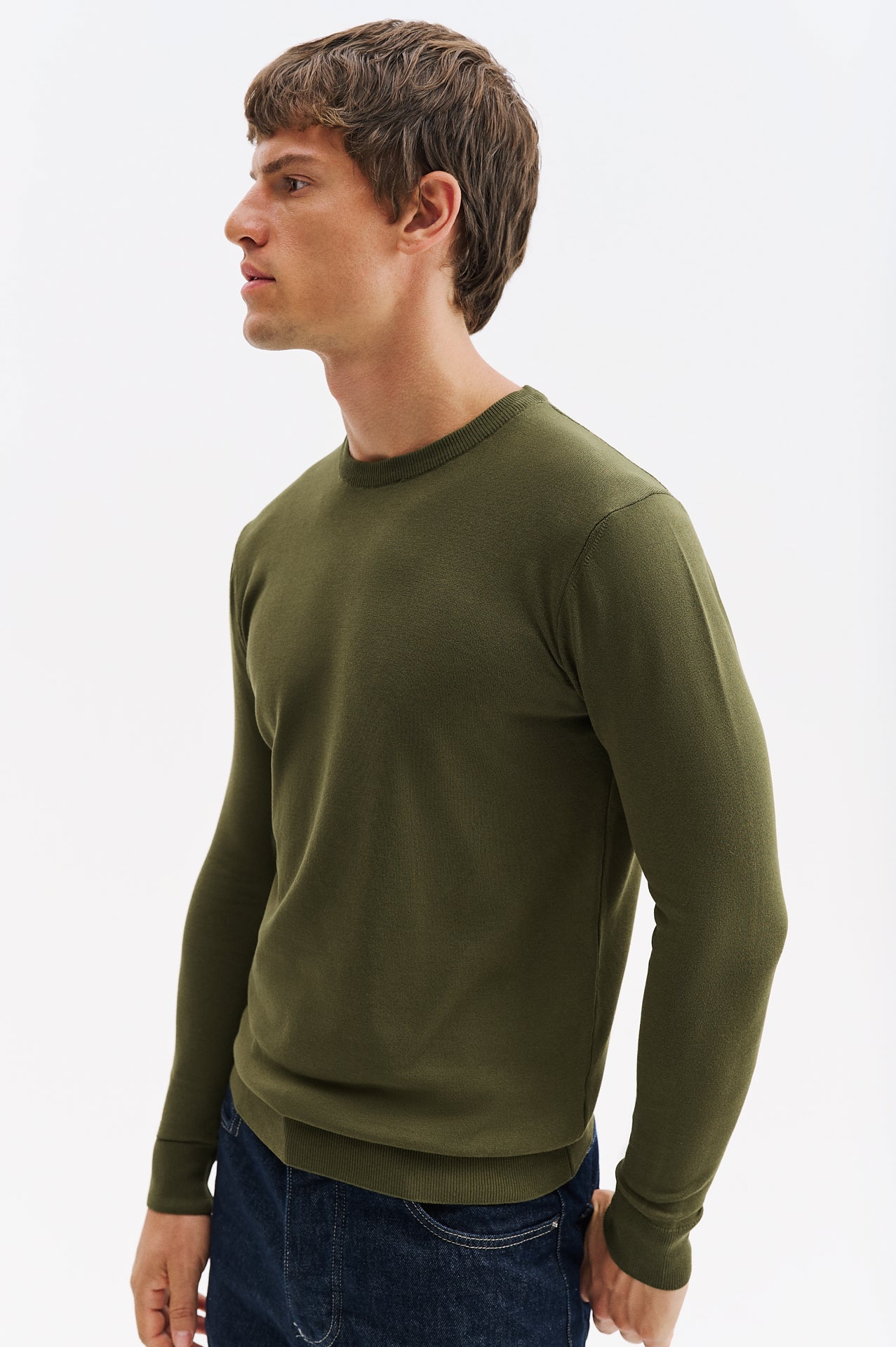 LONG SLEEVE CREW NECK KHAKI KNITTED T-SHIRT