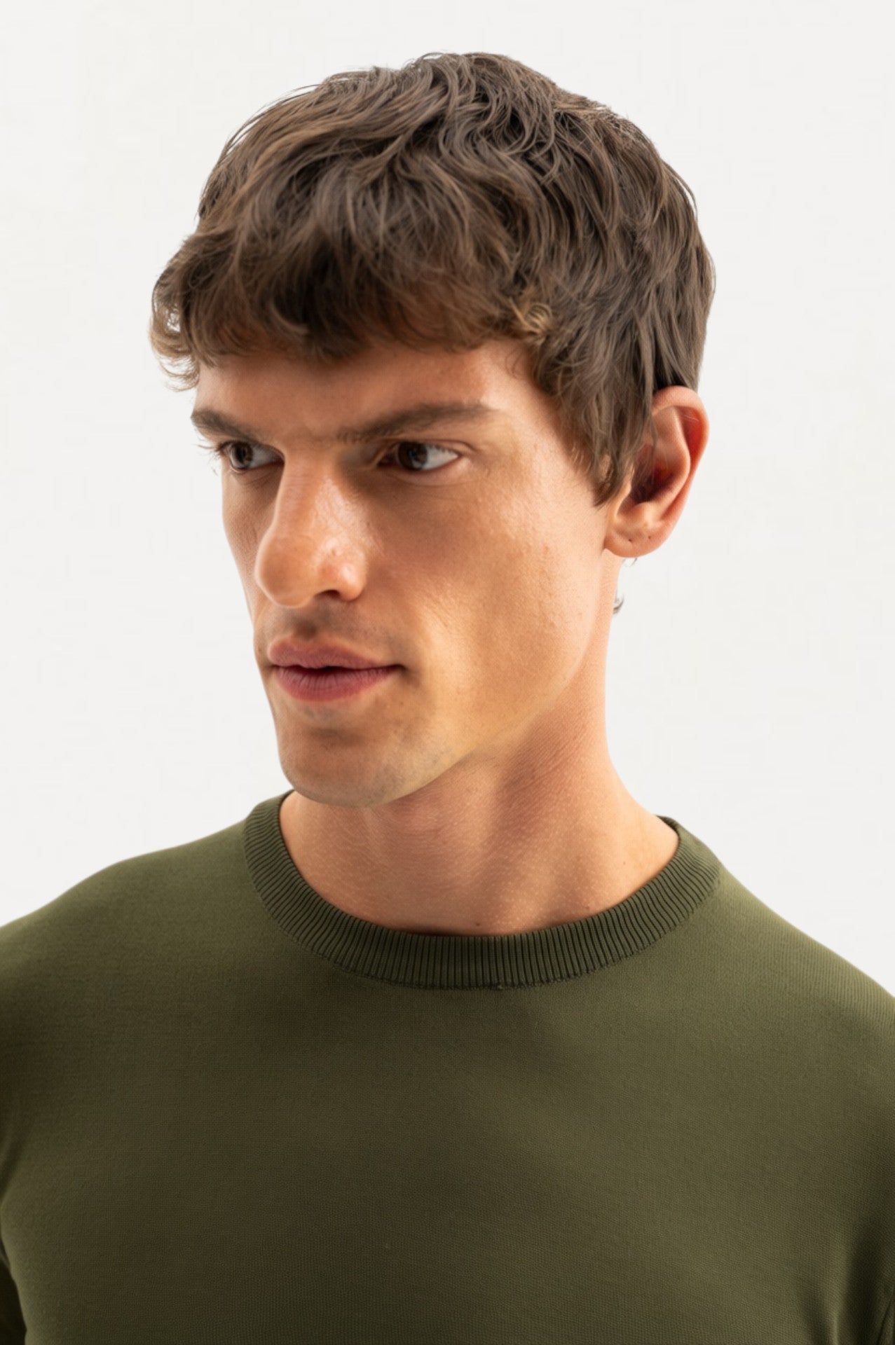 LONG SLEEVE CREW NECK KHAKI KNITTED T-SHIRT