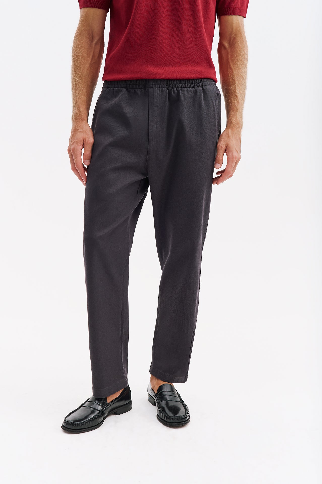 ELASTIC WAIST GABARDINE CHINO ANTHRACITE TROUSERS