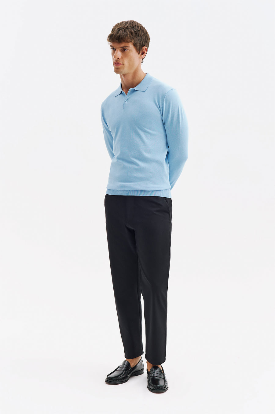 LONG SLEEVE POLO NECK BLUE KNITTED T-SHIRT