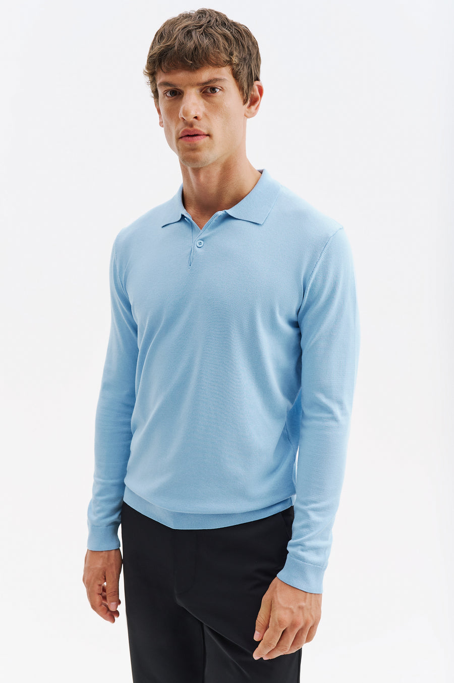 LONG SLEEVE POLO NECK BLUE KNITTED T-SHIRT