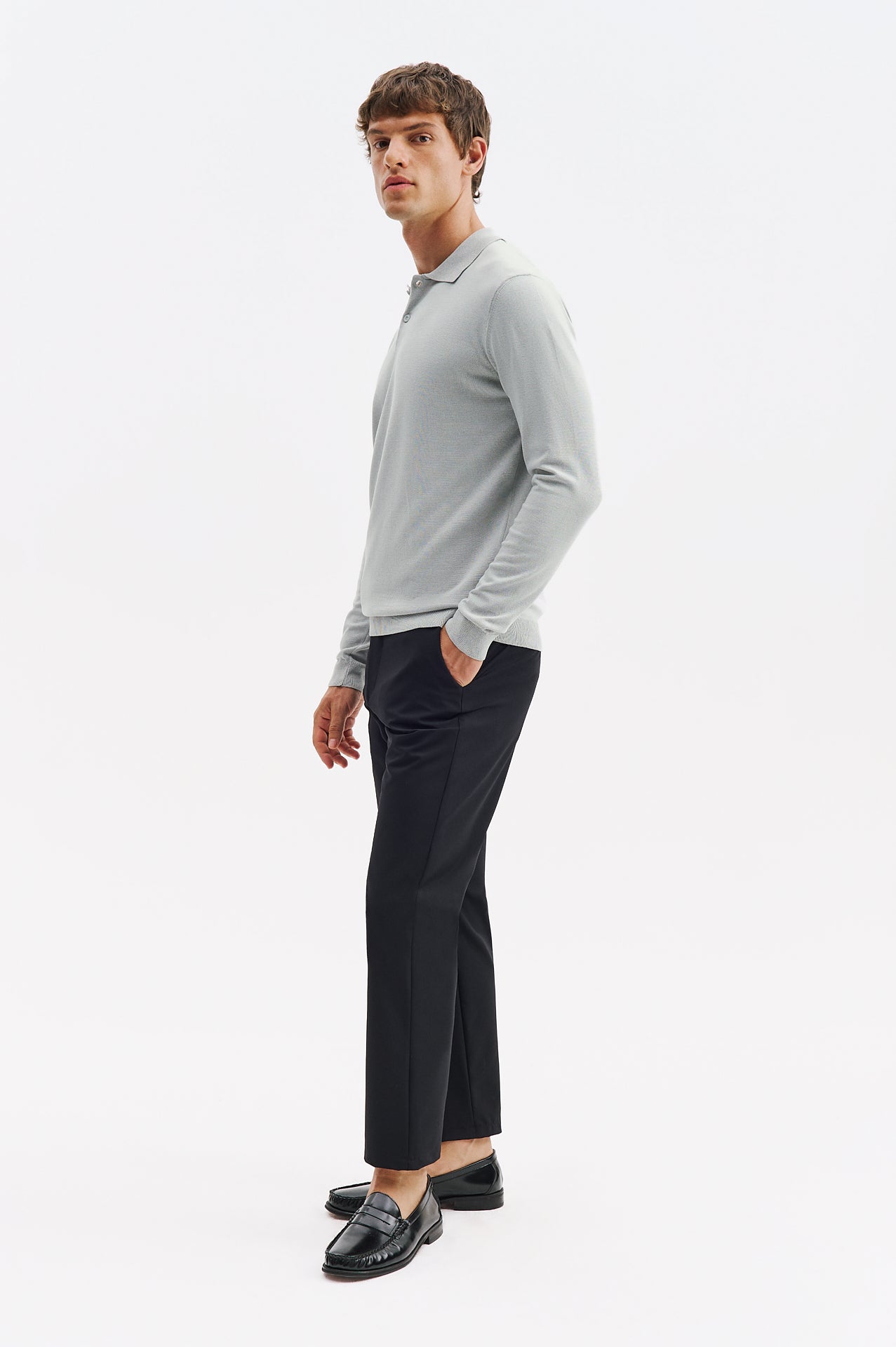 LONG SLEEVE POLO NECK GREY KNITTED T-SHIRT