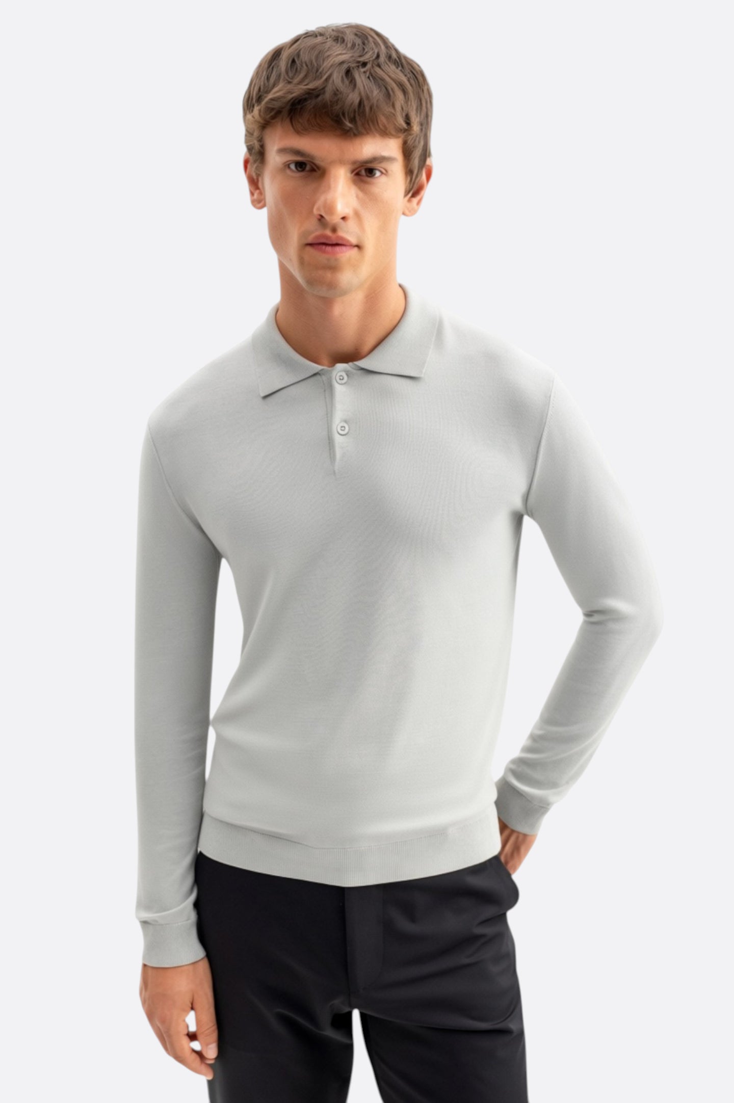 LONG SLEEVE POLO NECK GREY KNITTED T-SHIRT