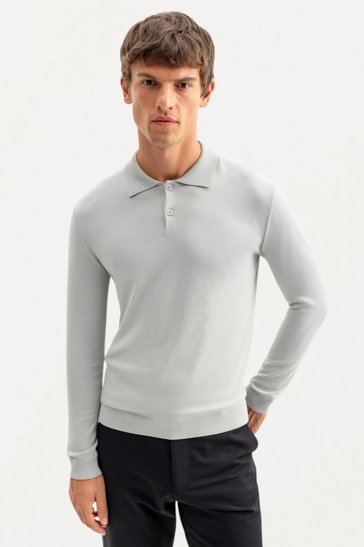 LONG SLEEVE POLO NECK GREY KNITTED T-SHIRT