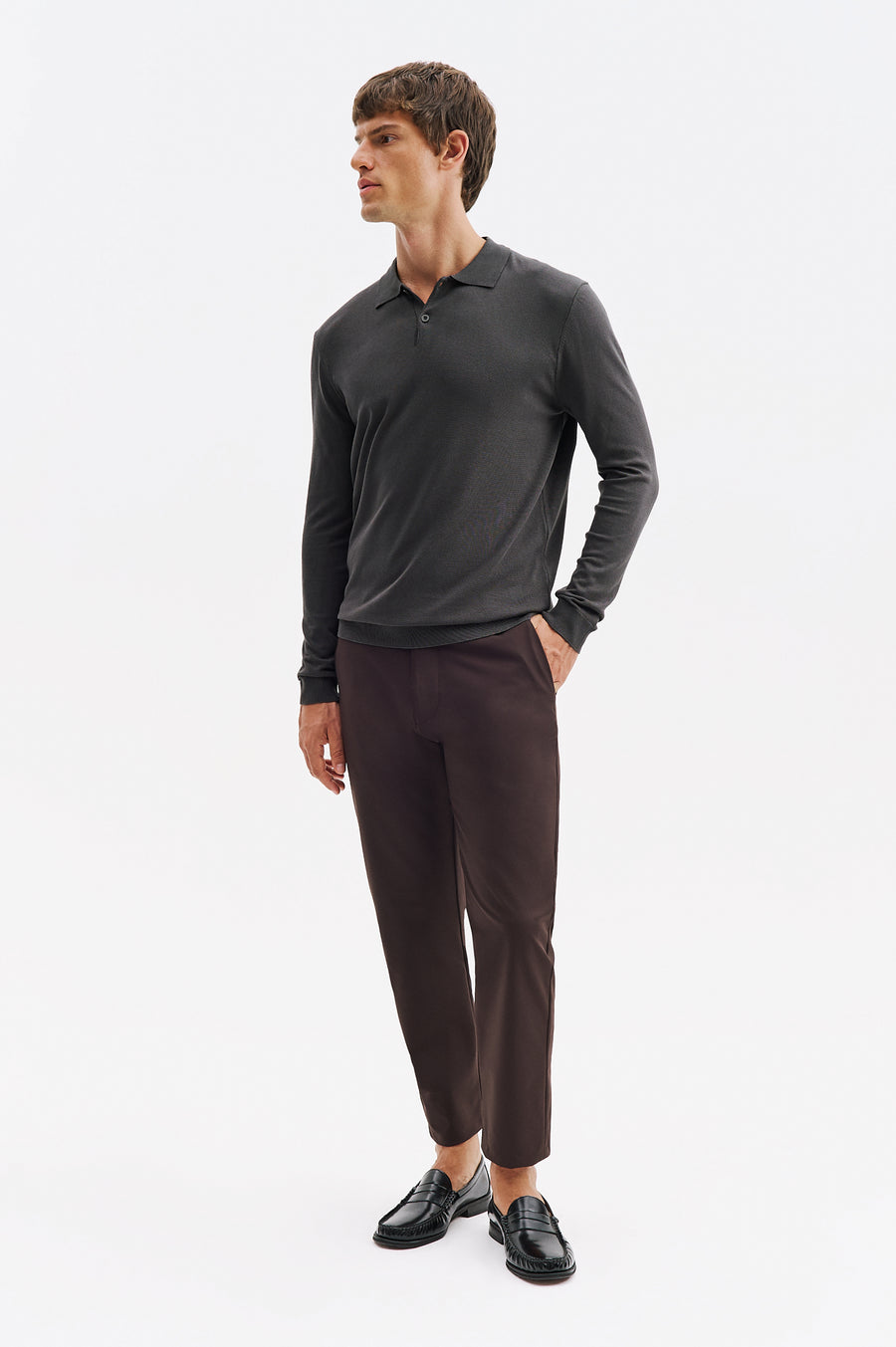 LONG SLEEVE POLO NECK ANTHRACITE KNITTED T-SHIRT