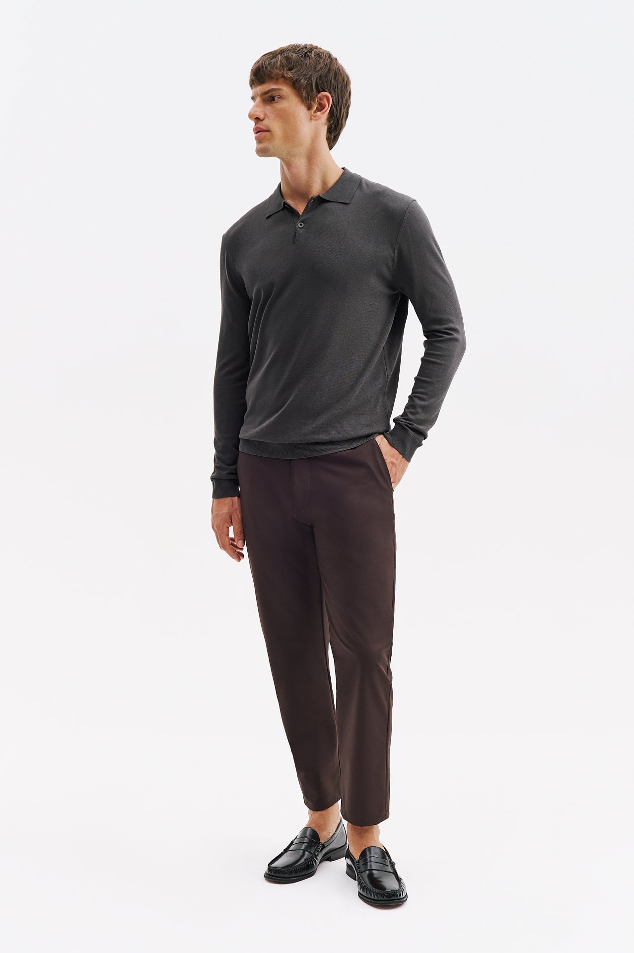LONG SLEEVE POLO NECK ANTHRACITE KNITTED T-SHIRT