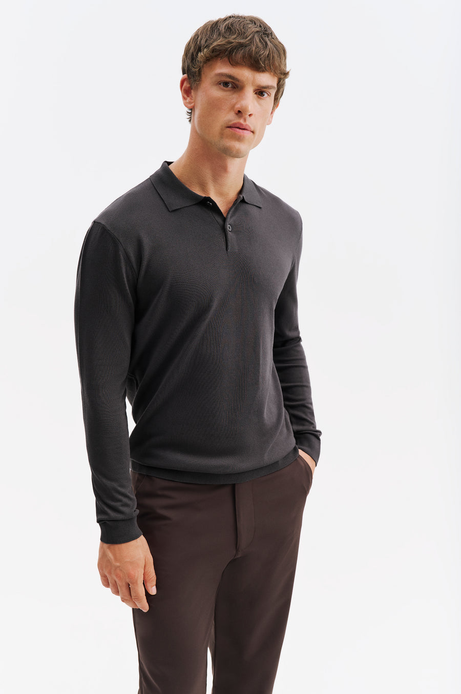 LONG SLEEVE POLO NECK ANTHRACITE KNITTED T-SHIRT