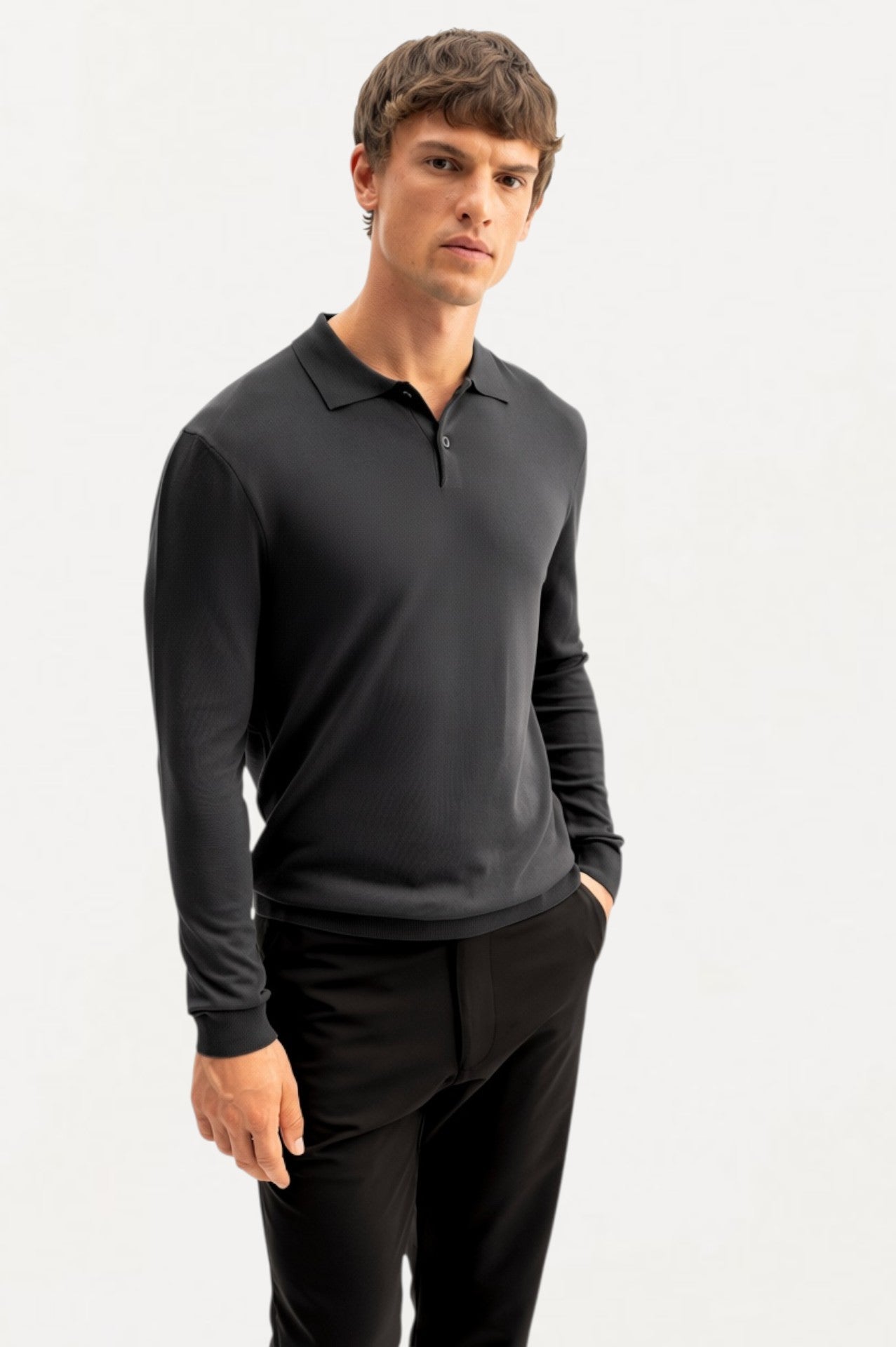 LONG SLEEVE POLO NECK ANTHRACITE KNITTED T-SHIRT