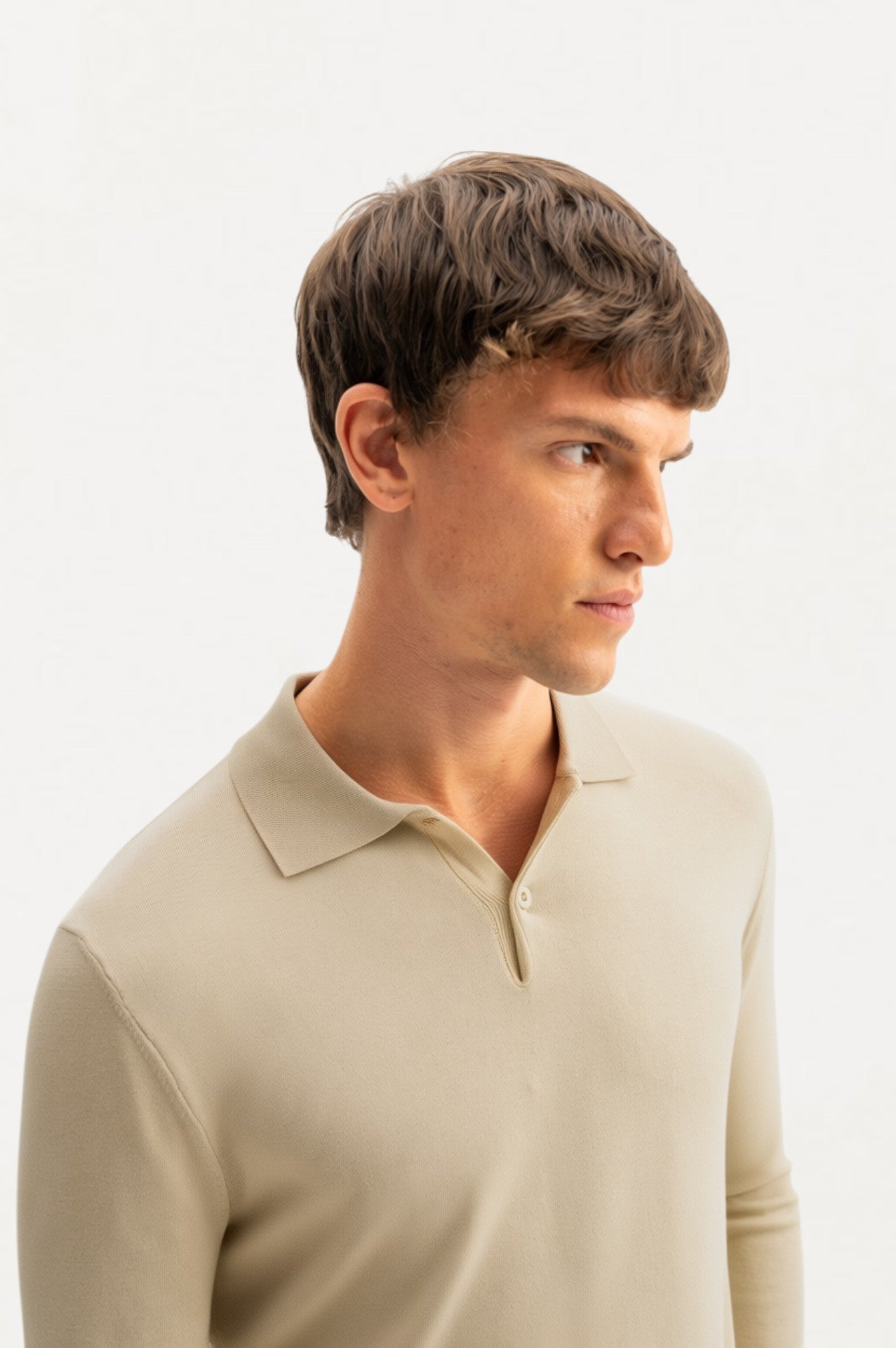 Long Sleeve Polo Neck Beige Knit T-Shirt