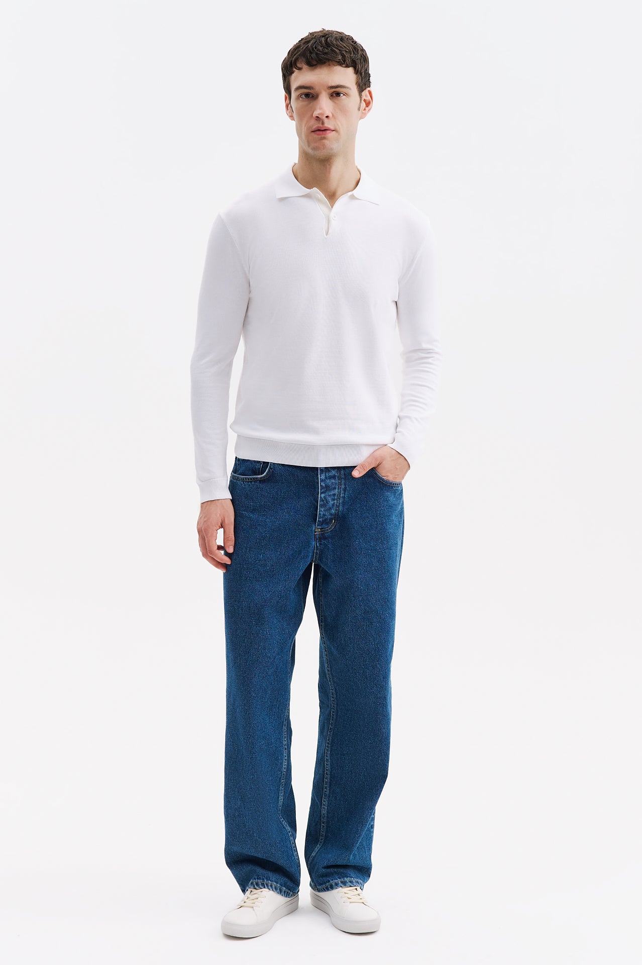 LONG SLEEVE POLO NECK WHITE KNITTED T-SHIRT
