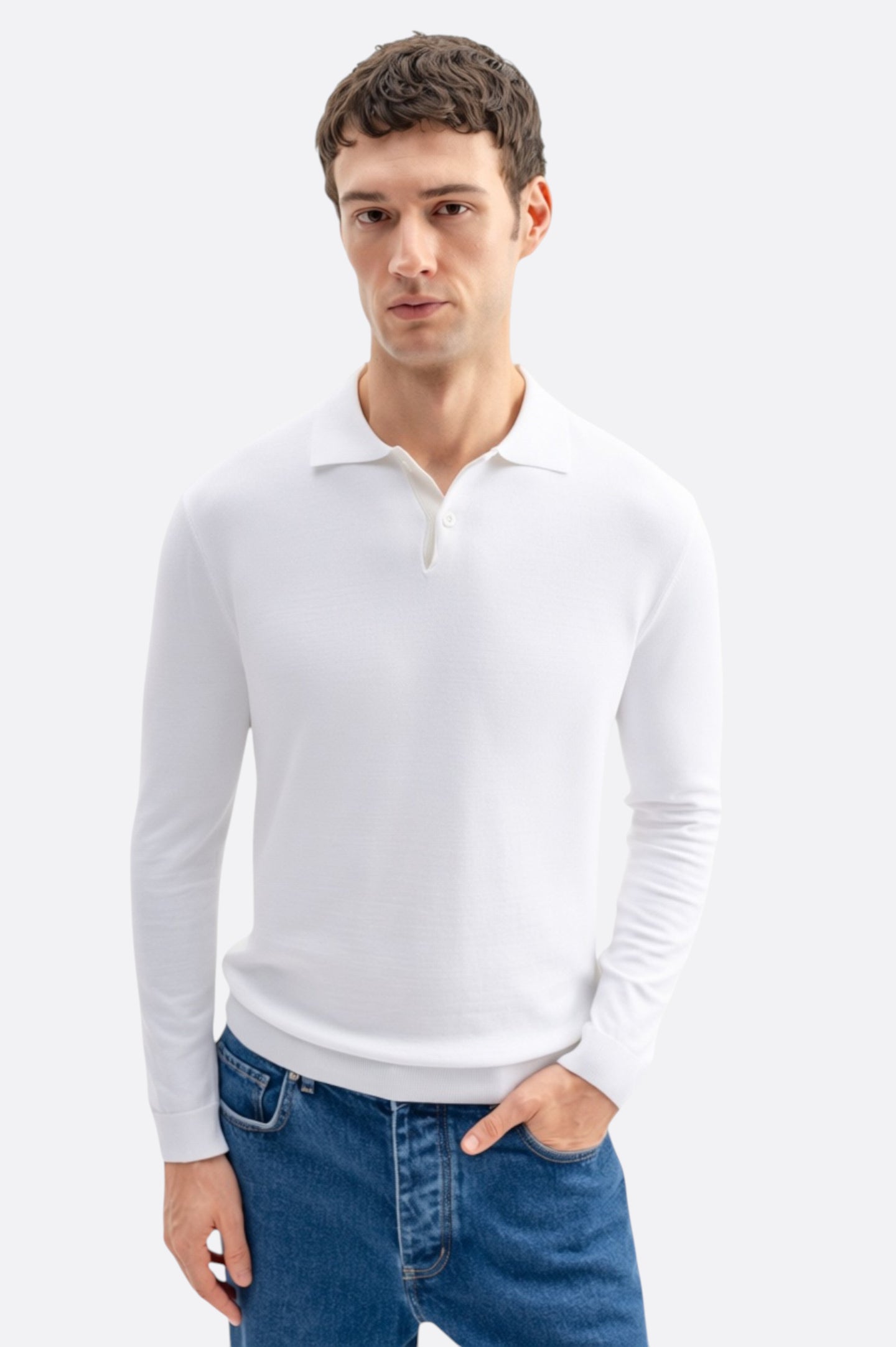 LONG SLEEVE POLO NECK WHITE KNITTED T-SHIRT
