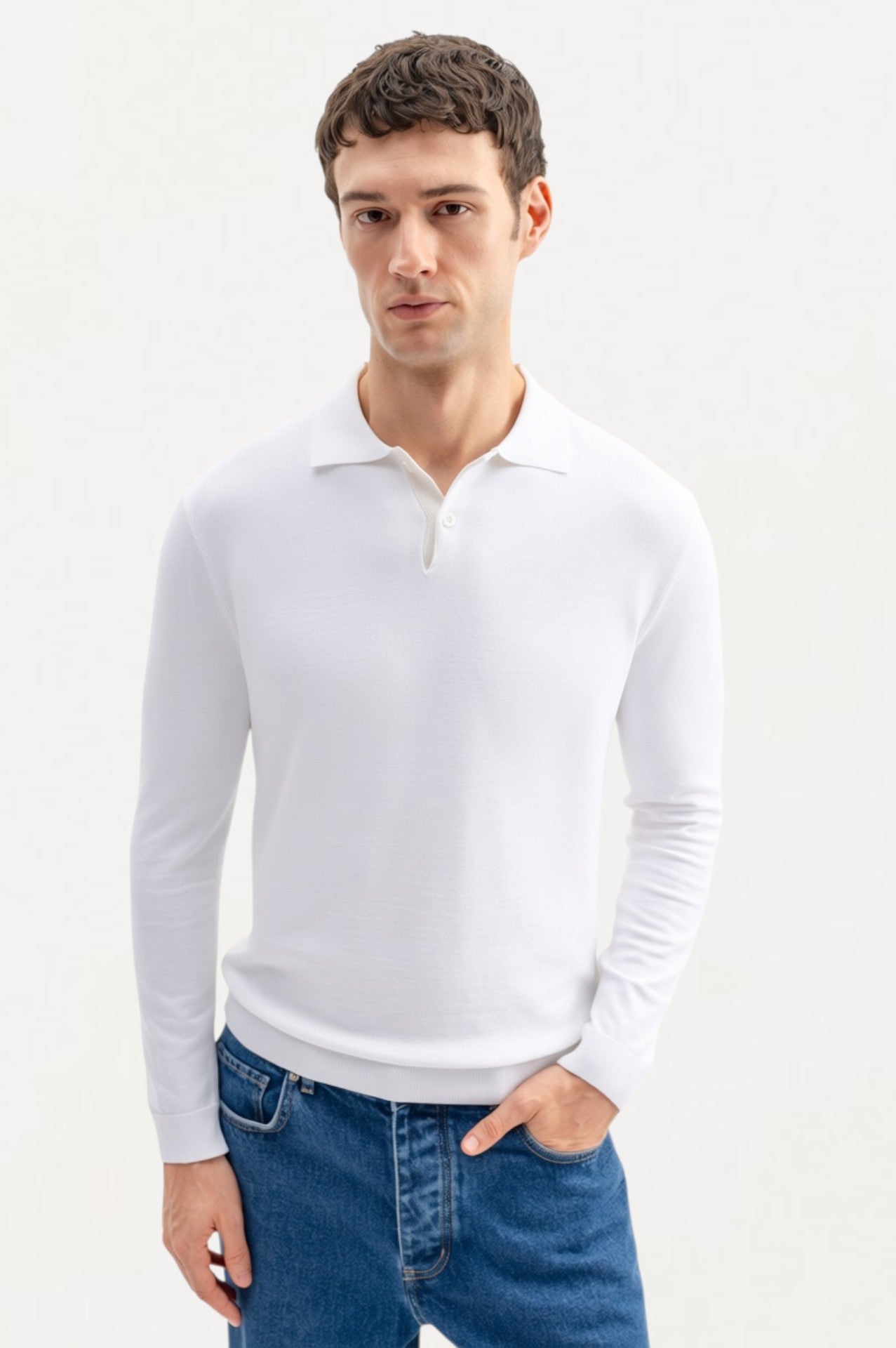 LONG SLEEVE POLO NECK WHITE KNITTED T-SHIRT