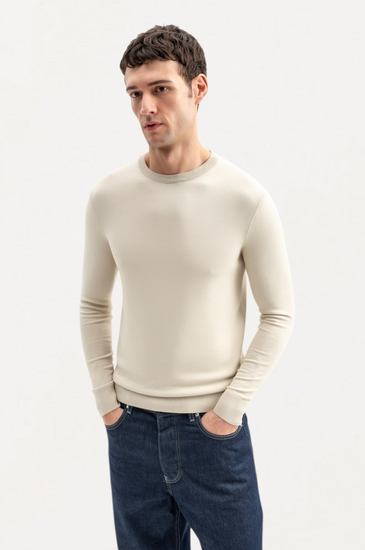 LONG SLEEVE TURTLENECK BEIGE KNITTED T-SHIRT
