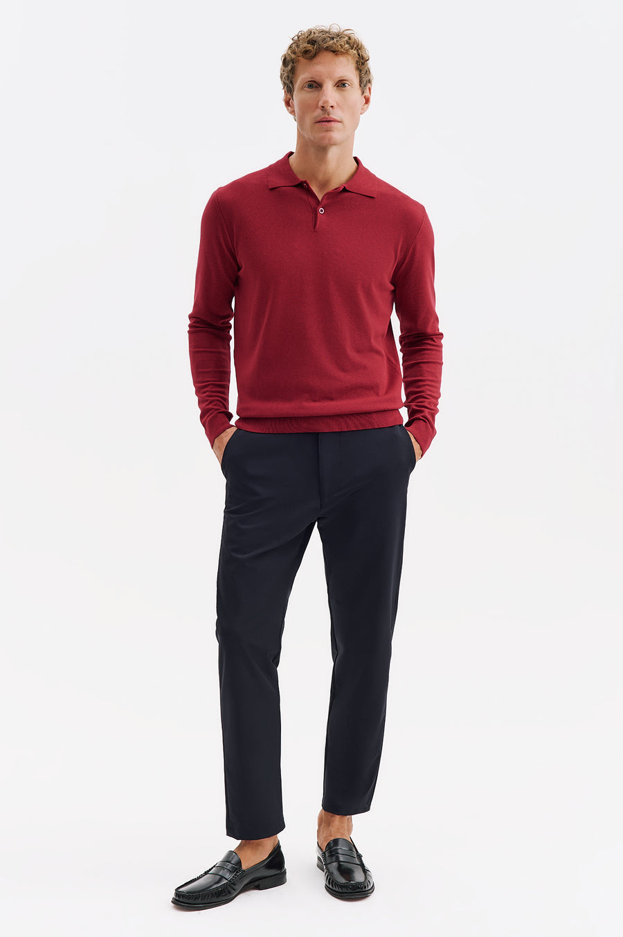 LONG SLEEVE POLO NECK BURGUNDY KNIT T-SHIRT