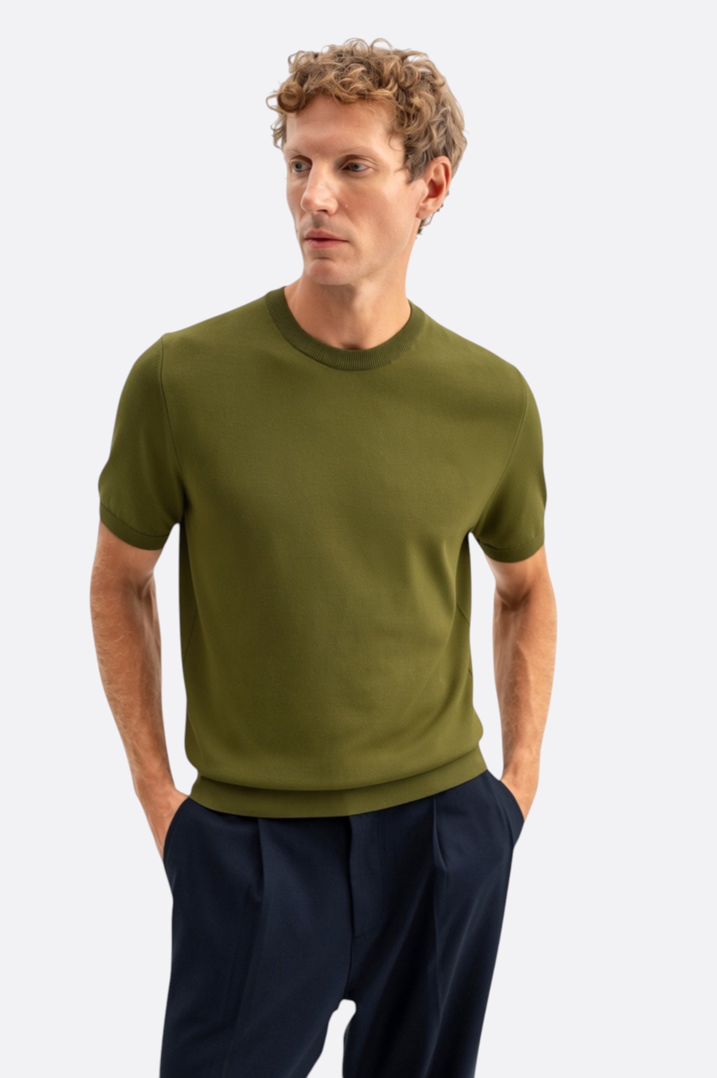 CREW NECK KHAKI KNITTED T-SHIRT