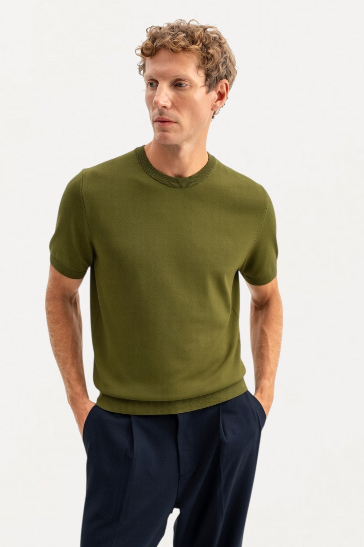 CREW NECK KHAKI KNITTED T-SHIRT