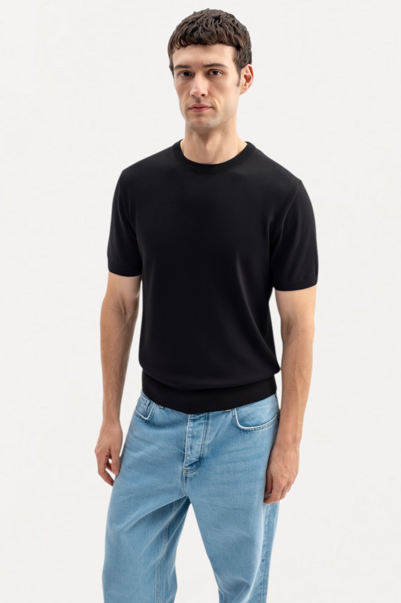 CREW NECK BLACK KNITTED T-SHIRT