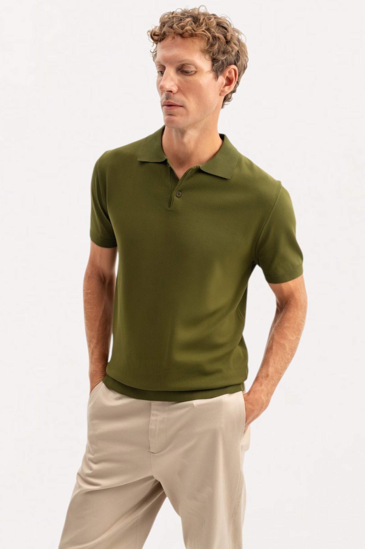 POLO NECK KHAKI KNITTED T-SHIRT