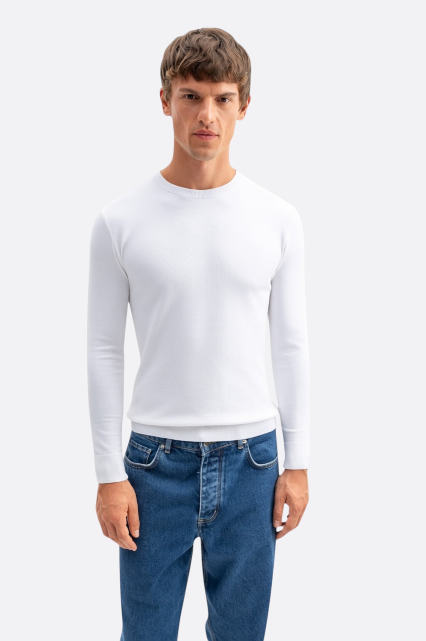 LONG SLEEVE ROUND NECK WHITE KNIT T-SHIRT
