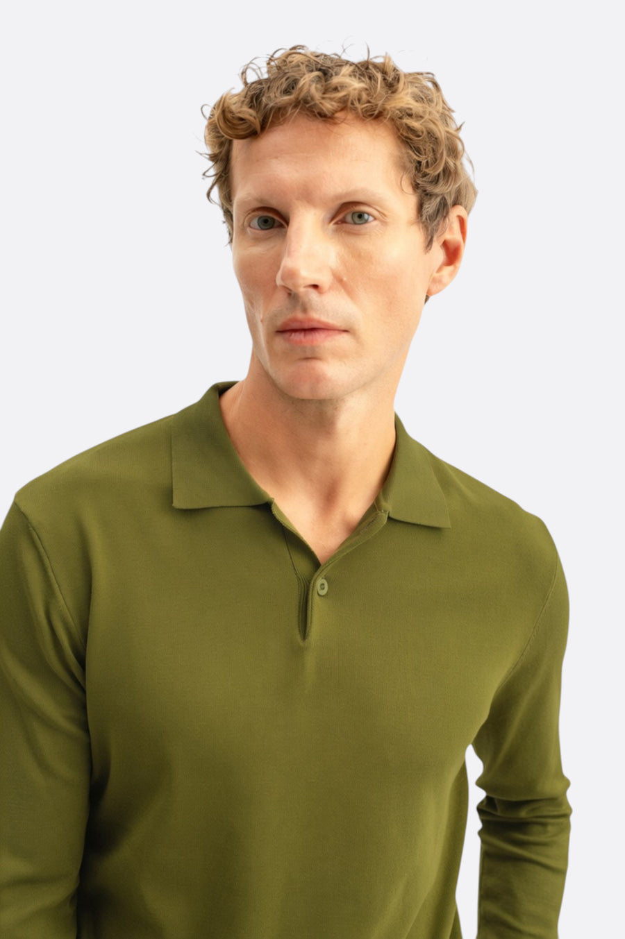 LONG SLEEVE POLO NECK KHAKI KNITTED T-SHIRT