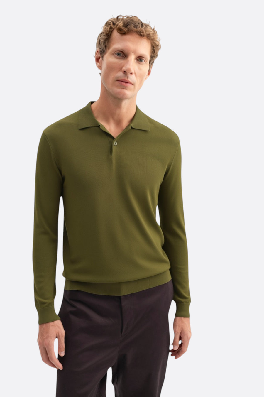 LONG SLEEVE POLO NECK KHAKI KNITTED T-SHIRT