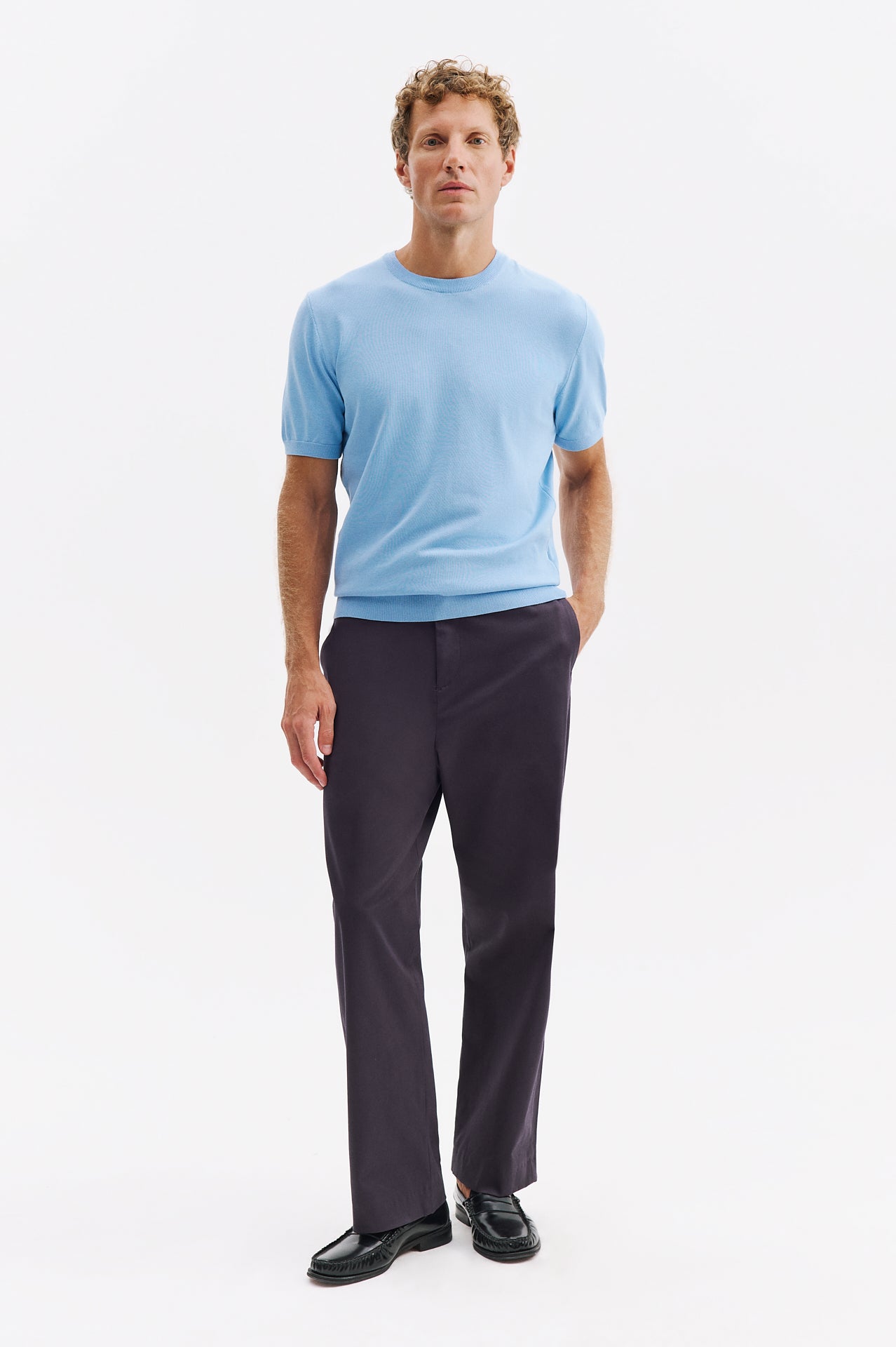 CREW NECK BLUE KNITTED T-SHIRT